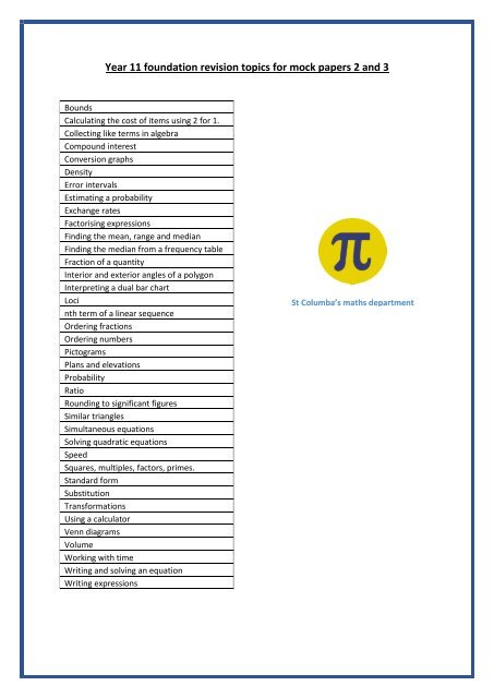 Year 11 Foundation Revision Topics For Mock Papers 2 And 3