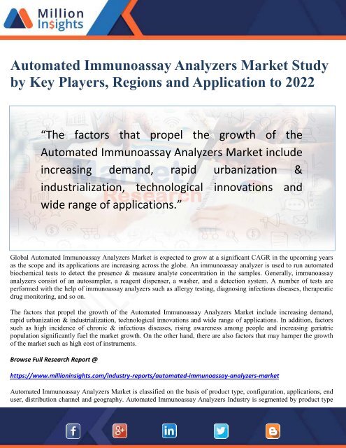 Automated Immunoassay Analyzers Market Study by Key Players, Regions and Application to 2022