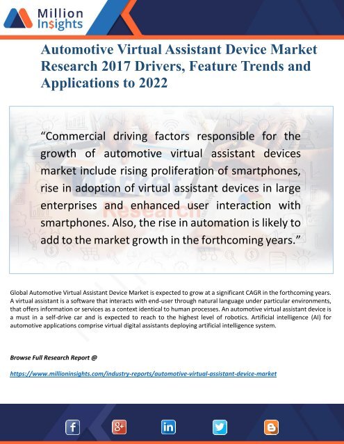 Automotive Virtual Assistant Device Industry 2017 Market 2022: Key Trends, Drivers and Profile Analysis Forecast