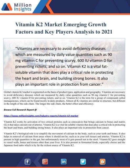 Vitamin K2 Market Emerging Growth Factors and Key Players Analysis to 2021