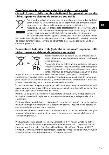 Sony SVS13A2C5E - SVS13A2C5E Documents de garantie Roumain