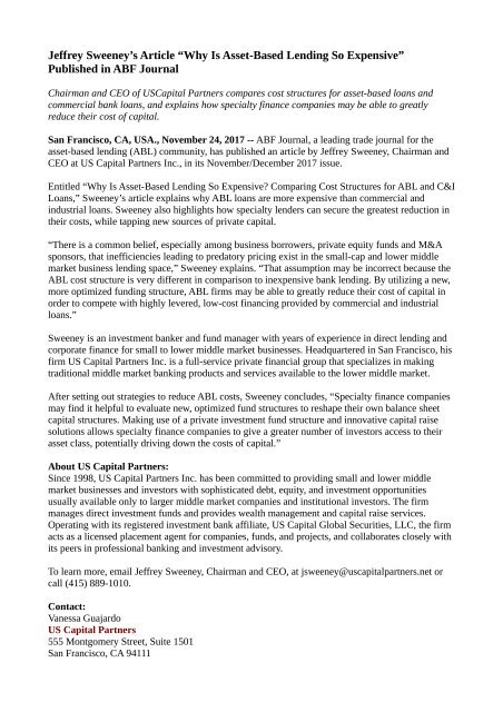 Jeffrey Sweeney’s Article “Why Is Asset-Based Lending So Expensive” Published in ABF Journal