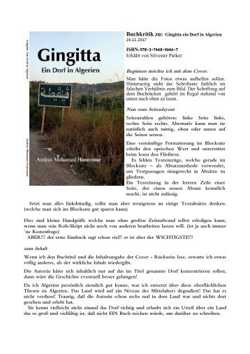 Buchkritik "Gingitta: Ein Dorf in Algerien" von Silvester Parker