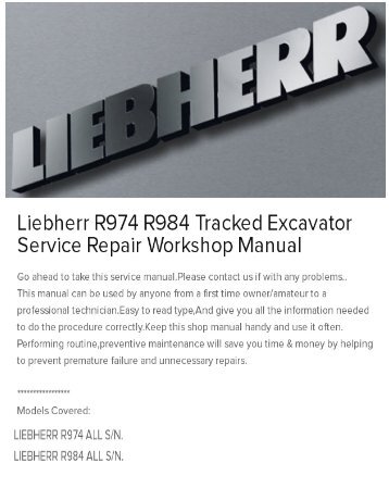 Liebherr R974 R984 Tracked Excavator Service Repair Workshop Manual
