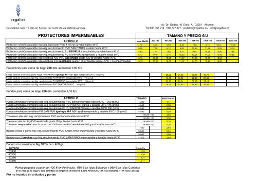 Protectores impermeables y baberos regaltex 2017