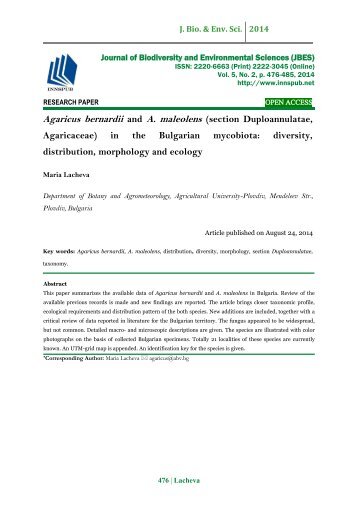 Agaricus bernardii and A. maleolens (section Duploannulatae, Agaricaceae) in the Bulgarian mycobiota: diversity, distribution, morphology and ecology