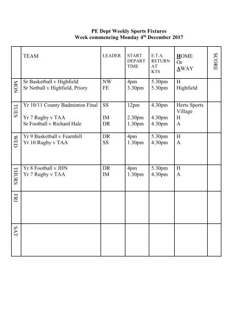 Fixtures 4 Dec