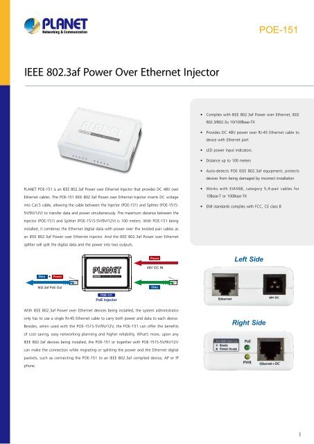 PLANET_Datasheet_Power-Over-Ethernet-Injector-POE-151_2017_EN