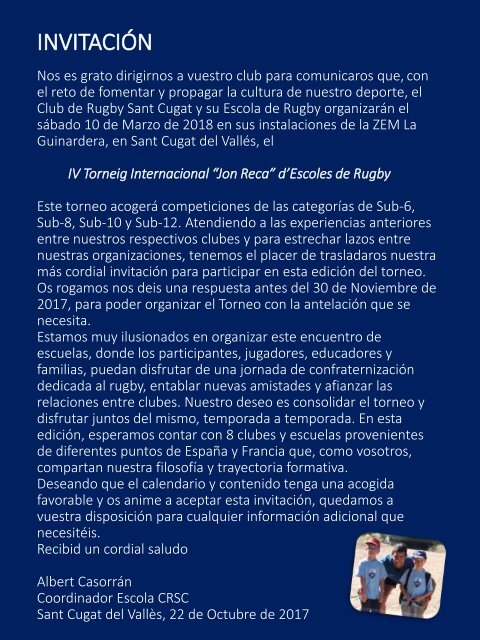 INVITACION IV Torneo Escoles Rugby Sant Cugat 2018
