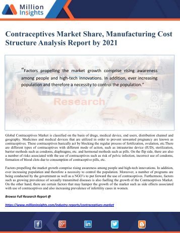 Contraceptives Market Share, Manufacturing Cost Structure Analysis Report by 2021