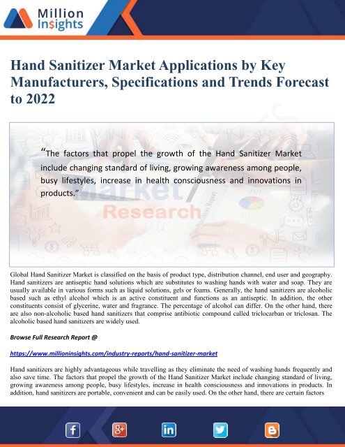 Hand Sanitizer Market Applications by Key Manufacturers, Specifications and Trends Forecast to 2022