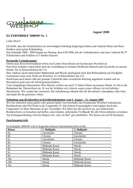 August 2008 ELTERNBRIEF 2008/09 Nr. 1 - Gymnasium Weierhof