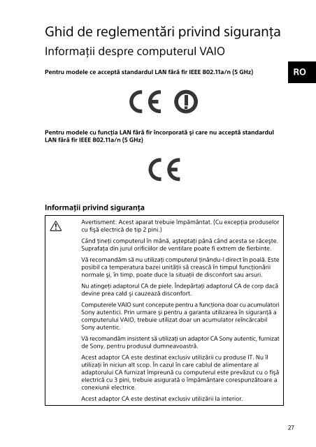 Sony SVF15N1S2E - SVF15N1S2E Documents de garantie Roumain