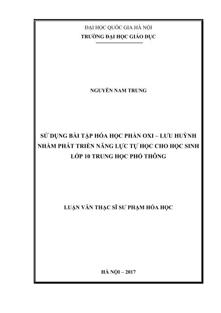 Sử dụng bài tập hóa học phần oxi – lưu huỳnh nhằm phát triển năng lực tự học cho học sinh lớp 10 trung học phổ thông