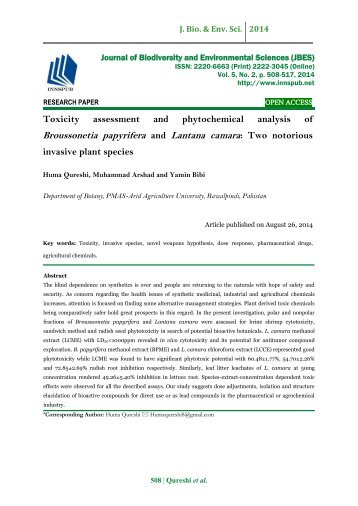 Toxicity assessment and phytochemical analysis of Broussonetia papyrifera and Lantana camara: Two notorious invasive plant species