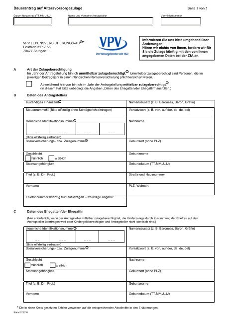 Dauerantrag Auf Altersvorsorgezulage Vpv Makler
