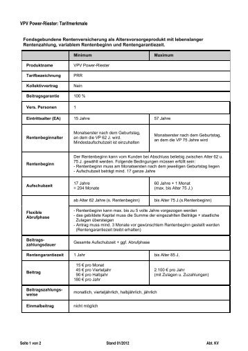 VPV Power-Riester: Tarifmerkmale - VPV Makler