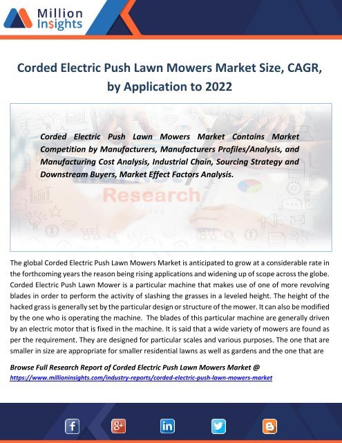 Corded Electric Push Lawn Mowers Market Size, CAGR, by Application to 2022
