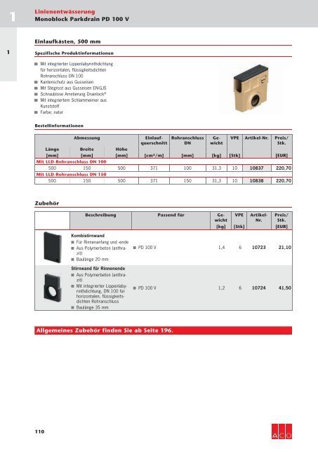 ACO Österreich Bauelemente Preisliste 2018 - 01 Linienentwässerung