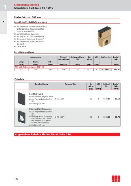 ACO Österreich Bauelemente Preisliste 2018 - 01 Linienentwässerung
