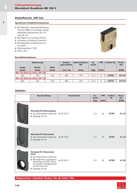 ACO Österreich Bauelemente Preisliste 2018 - 01 Linienentwässerung