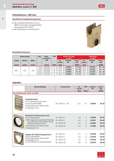 ACO Österreich Bauelemente Preisliste 2018 - 01 Linienentwässerung