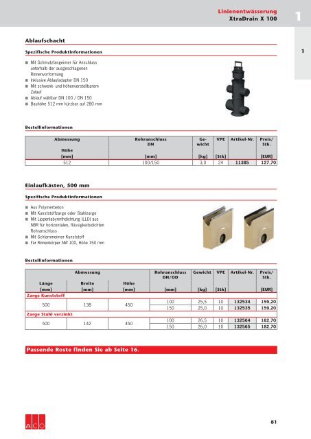 ACO Österreich Bauelemente Preisliste 2018 - 01 Linienentwässerung