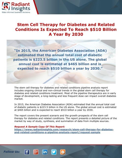 Stem cell therapy for diabetes and related conditions Market expected to reach $510 billion a year by 2030