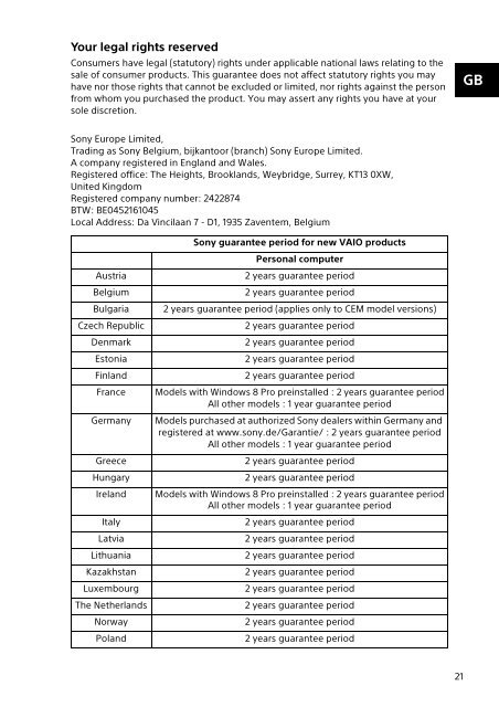 Sony SVP1121M2E - SVP1121M2E Documents de garantie Serbe