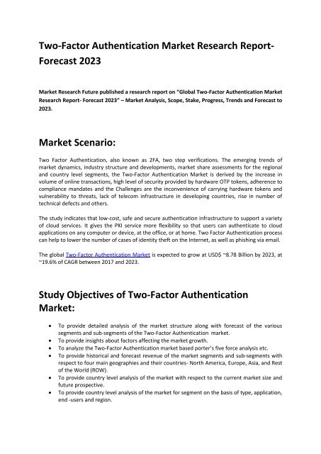 Two-Factor Authentication Market 2017 - Current and Future Plans 2023