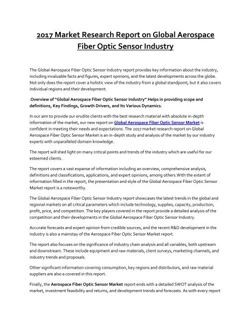 Aerospace Fiber Optic Sensor Market to Grow at a Sensational CAGR by 2022