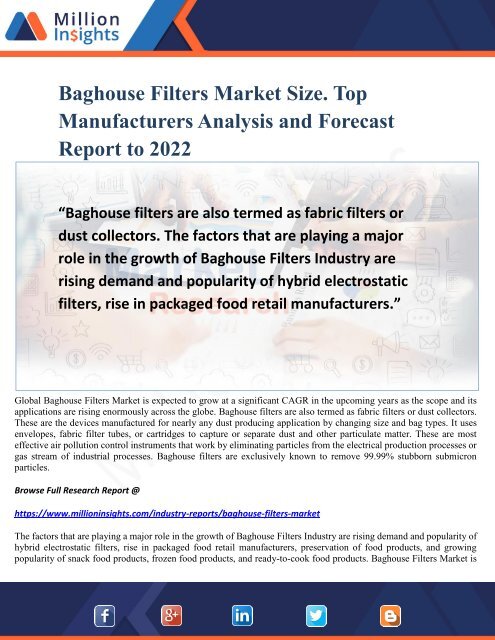 Baghouse Filters Market Size. Top Manufacturers Analysis and Forecast Report to 2022