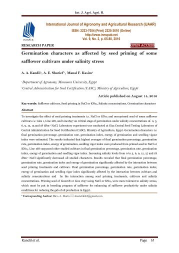 Germination characters as affected by seed priming of some safflower cultivars under salinity stress - IJAAR