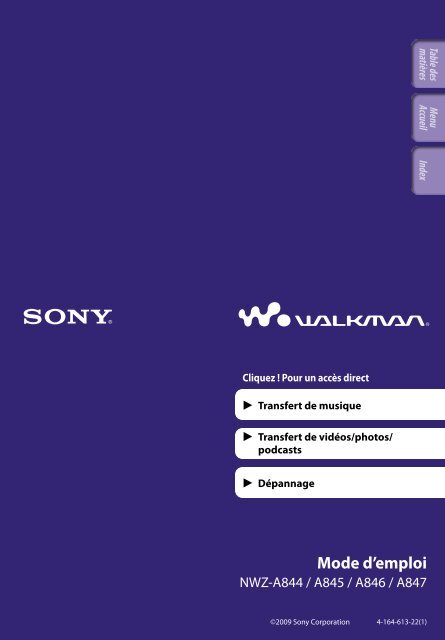 Sony NWZ-A845 - NWZ-A845 Consignes d&rsquo;utilisation Fran&ccedil;ais