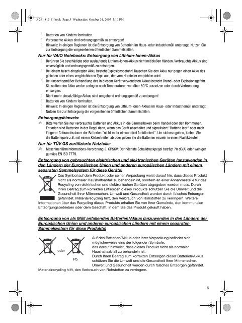 Sony VGC-LM2S - VGC-LM2S Documents de garantie Allemand