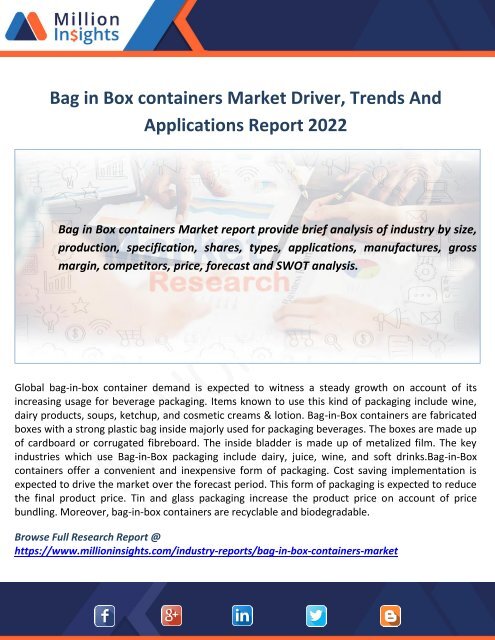 Bag in Box containers Market Driver, Trends And  Applications Report 2022
