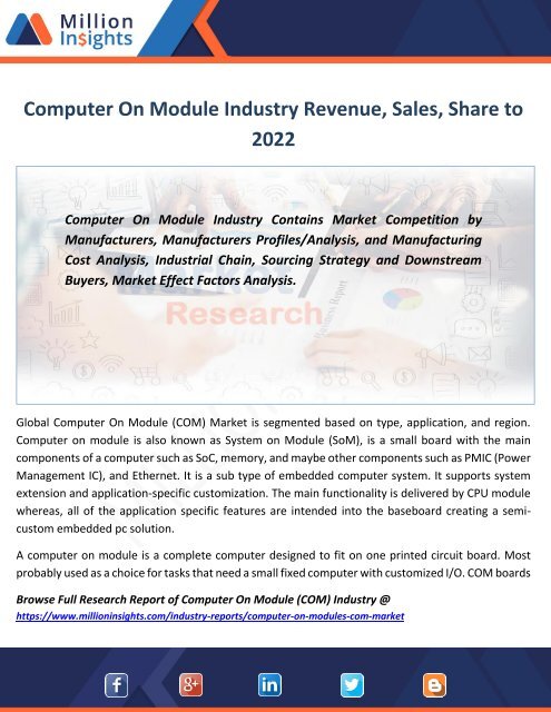 Computer On Module Industry Revenue, Sales, Share to 2022