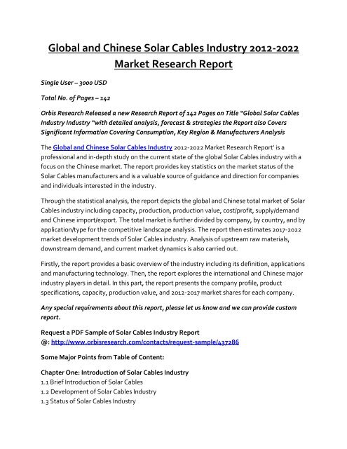 Solar Cables Market to Reflect a Significant CAGR during 2017 – 2022