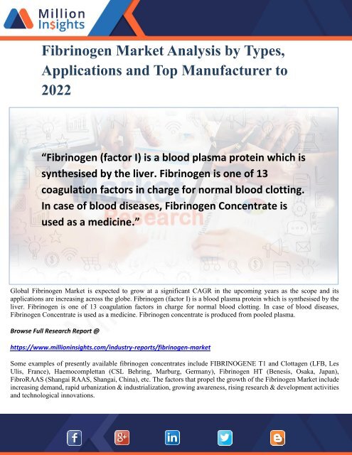 Fibrinogen Market Analysis by Types, Applications and Top Manufacturer to 2022