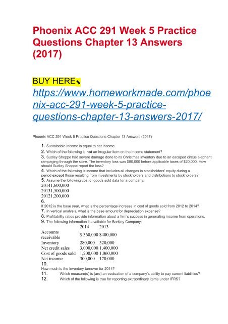 Phoenix ACC 291 Week 5 Practice Questions Chapter 13 Answers (2017)