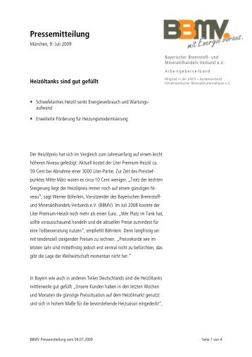 BBMV Pressemitteilung vom 09.07.2009 - Bayerischer Brennstoff