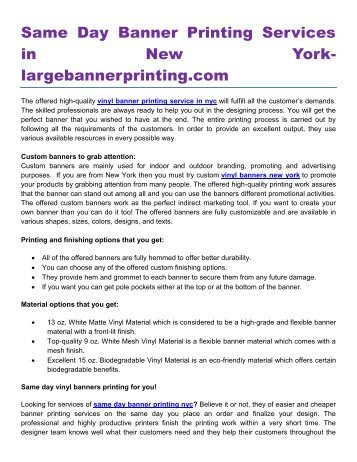Same Day Banner Printing Services in New Yorklargebannerprinting. com