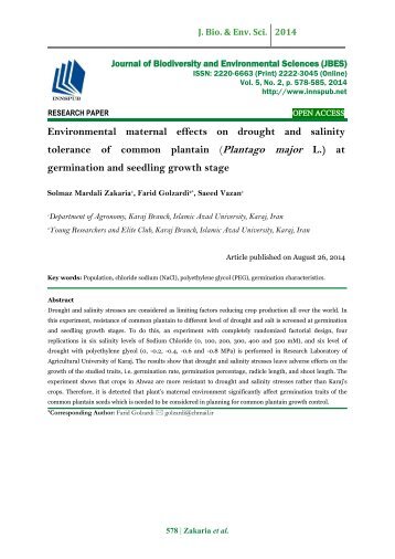 Environmental maternal effects on drought and salinity tolerance of common plantain (Plantago major L.) at germination and seedling growth stage