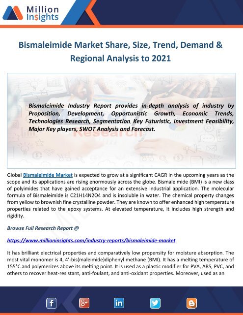 Bismaleimide Market Share, Size, Trend, Demand & Regional Analysis to 2021