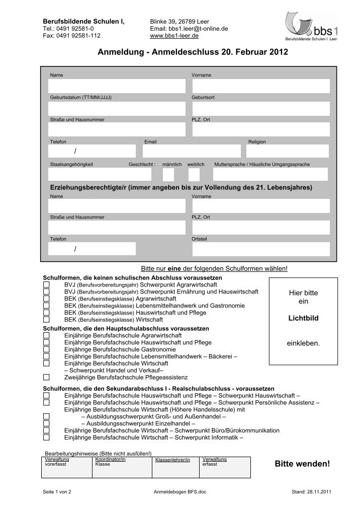 bbs 1 leer anmeldung