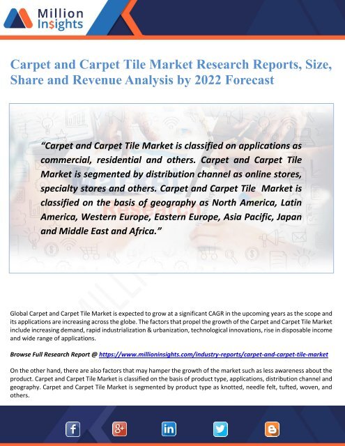 Carpet and Carpet Tile Market Research Reports, Size, Share and Revenue Analysis by 2022 Forecast