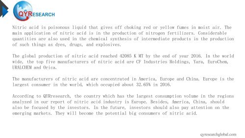 QYResearch: The global production of nitric acid reached 42085 K MT by the end of year 2016