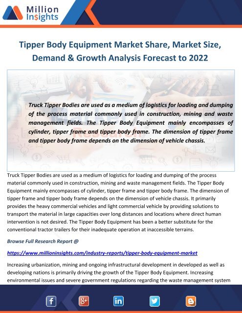 Tipper Body Equipment Market Share, Market Size, Demand & Growth Analysis Forecast to 2022