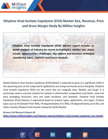 Ethylene Vinyl Acetate Copolymer (EVA) Market Size, Revenue, Price and Gross Margin Study By Million Insights
