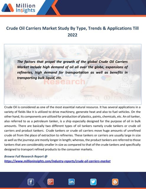 Crude Oil Carriers Market Study By Type, Trends &amp; Applications Till 2022